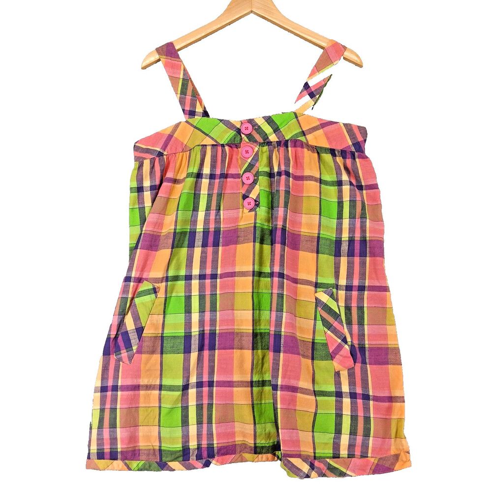 Piper & Blue Women Sz L Bright Multicolor Plaid Button Strap Babydoll Tank Top